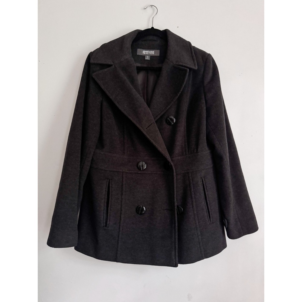 Kenneth Cole Reaction Women Charcoal Gray Wool Blend Double Breasted Pea Coat 14